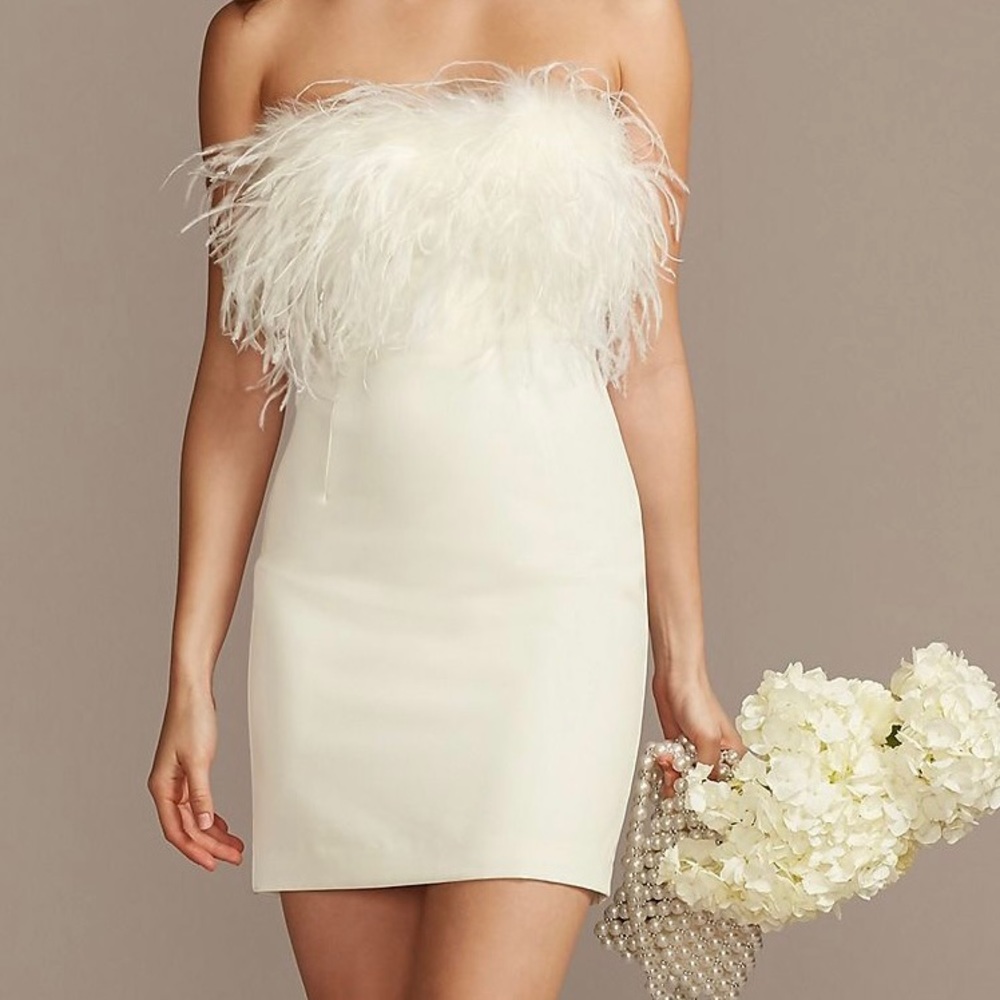 David’s Bridal Strapless Feather Trim Mini Dress NWT